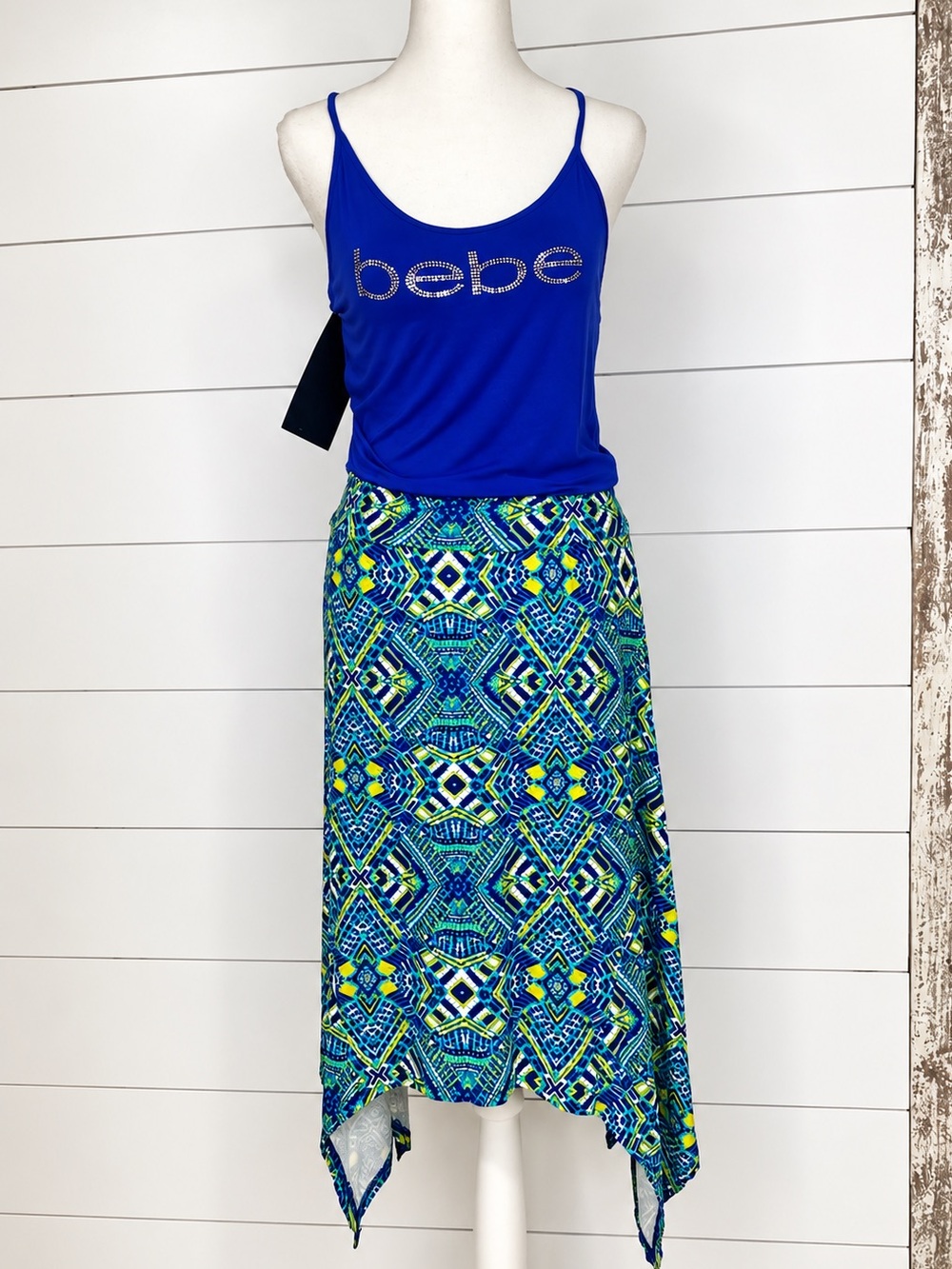 VINTAGE Bebe Rhinestone Logo Handkerchief Maxi Dress NWT Y2K Geometric Print Siz